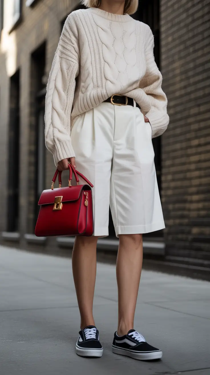 casual-outfits-for-women-2026 Cable Knit and Crimson Accent