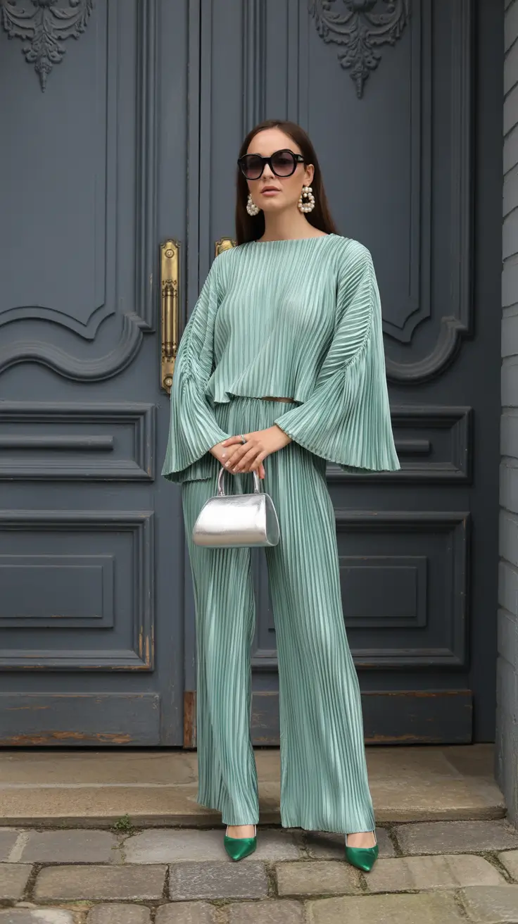 casual outfits for women 2026 Mint Pleats & Metallic Calm