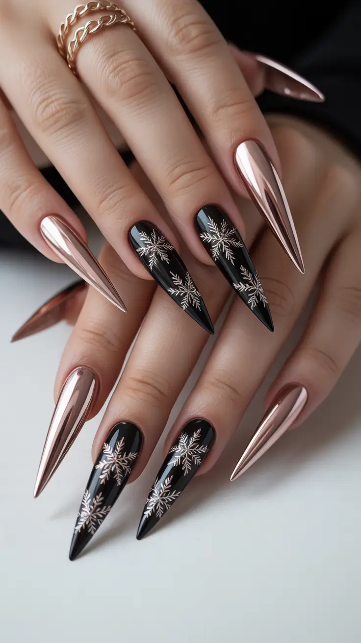 Chic Christmas Nails 2025 Rose Gold Snowflake Elegance