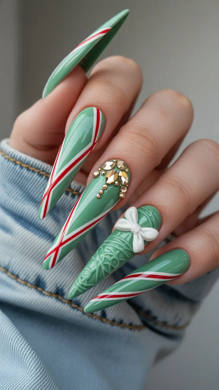 chic christmas nails 2025 mint and bow elegance