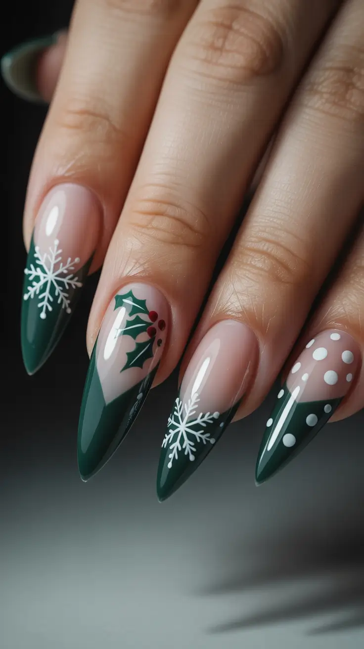 Chic Christmas Nails 2025 Classic Holly and Snowflake Tips