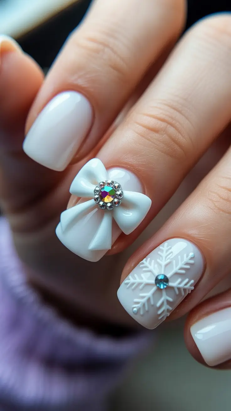 Chic Christmas Nails 2025 Snowflake Bow Charm