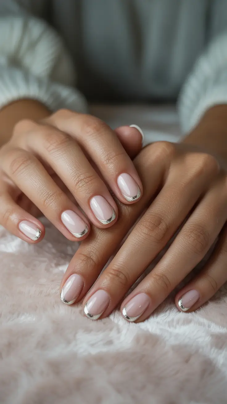 Chic Christmas Nails 2025 Soft Nude with Silver Accent