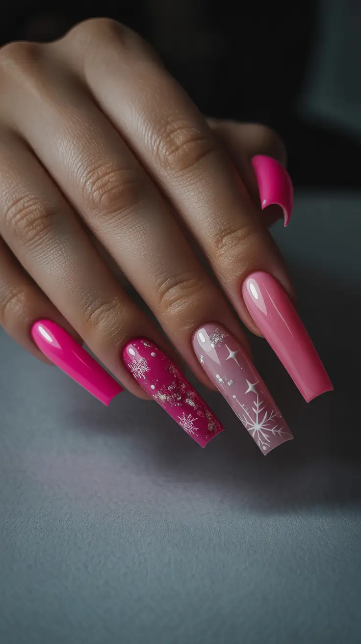 chic christmas nails 2025 frosted pink whimsy