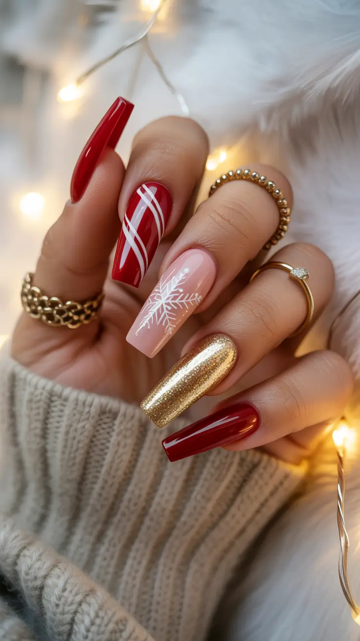 chic christmas nails 2025 red velvet and gold luxe