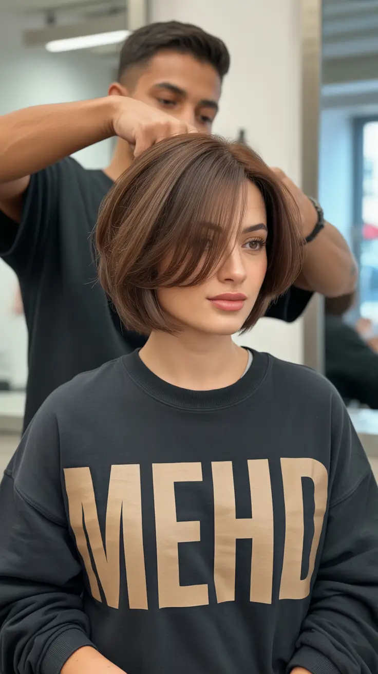 dark brown hair color 2026 Airy Bob With Polished Cool Brown