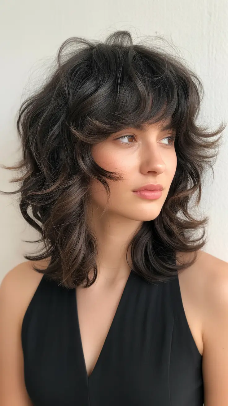 wolf haircut 2026 Chic Espresso Wolf with Voluminous Bangs