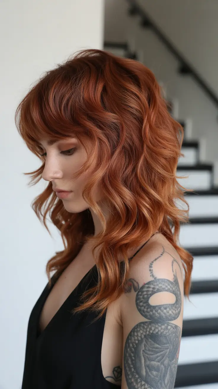 wolf haircut 2026 Fiery Copper Waves with Soft Bangs