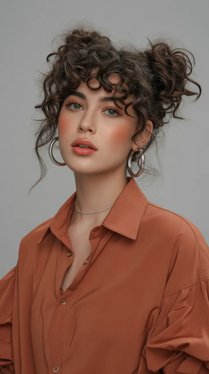 curly hairstyle 2026 Messy Double Curly Buns
