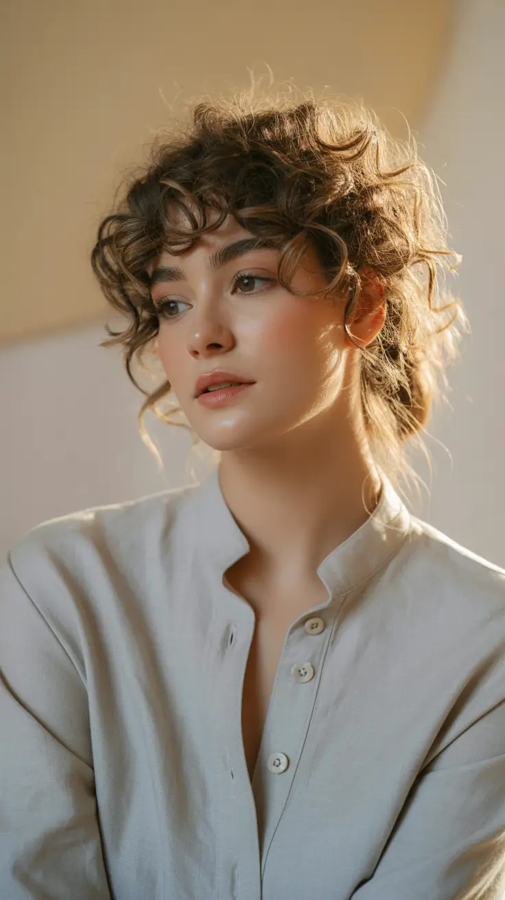 curly hairstyle 2026 Soft Curly Updo with Wispy Bangs