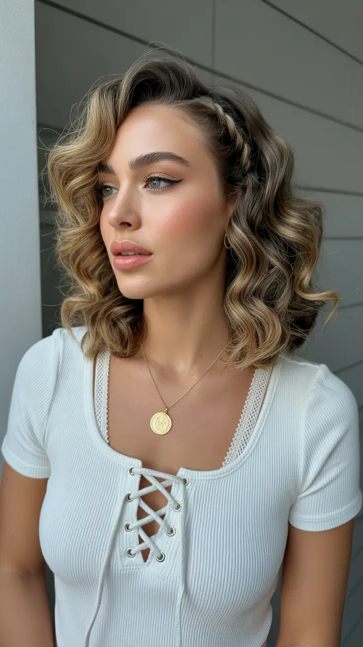 curly hairstyle 2026 Retro Wavy Bob with Braided Detail