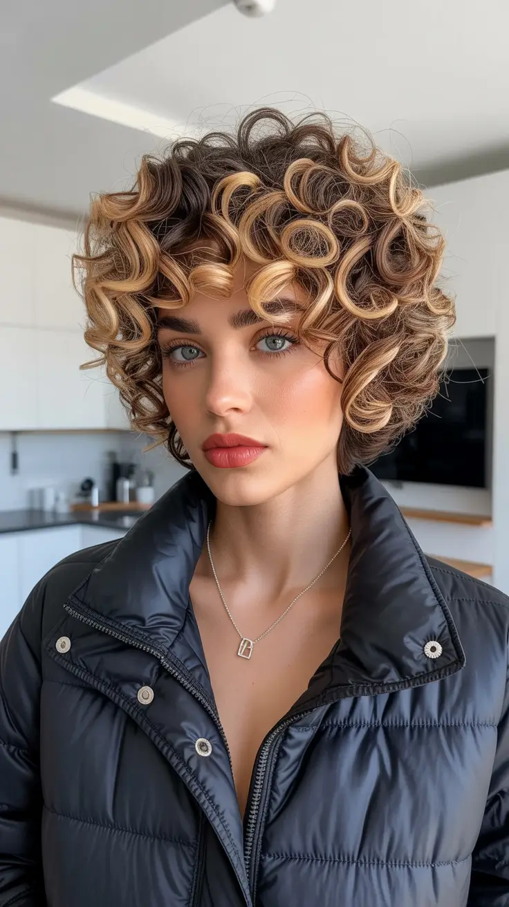 curly hairstyle 2026 Golden Curly Pixie with Highlights