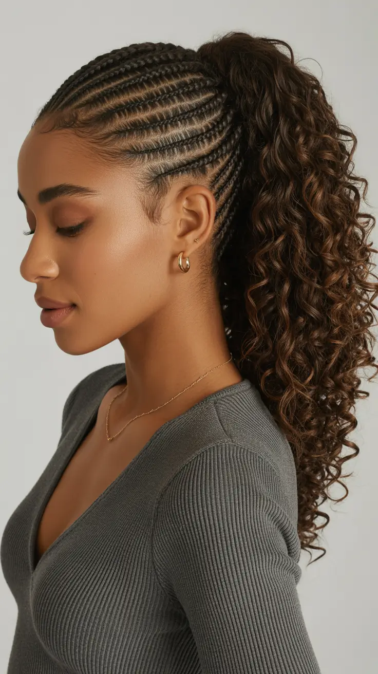 hairstyle black women 2026 Cornrow Ponytail With Curly Ends