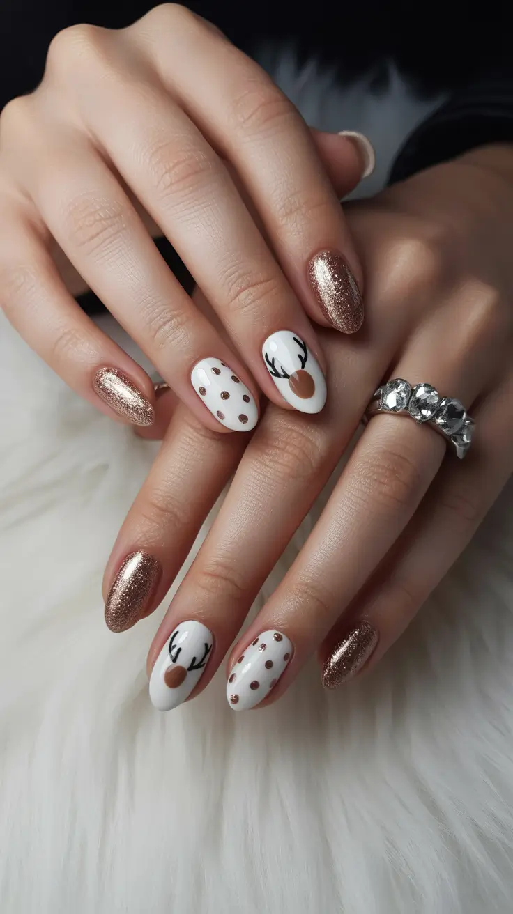 easy christmas nails 2025 Golden Glow & Reindeer Charm
