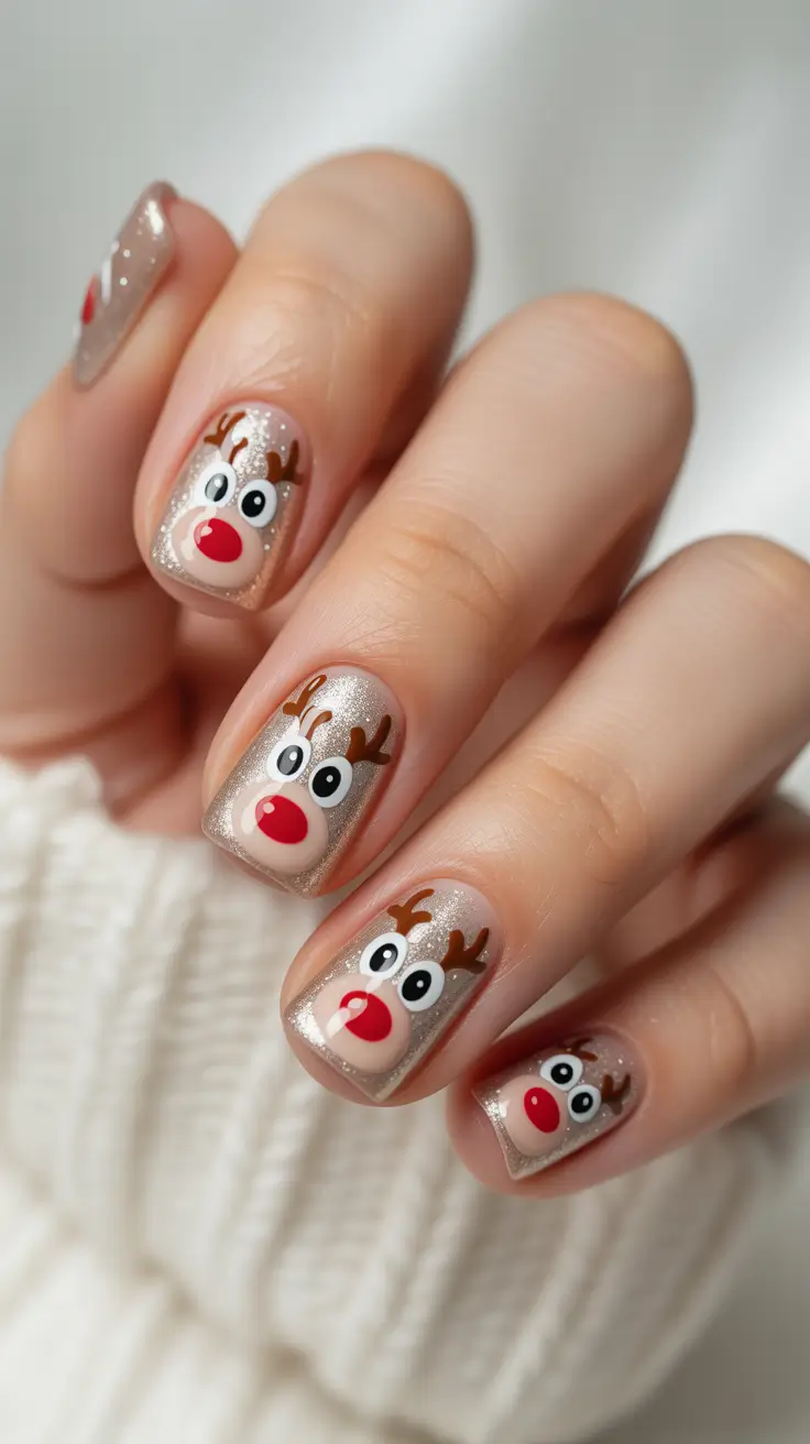 easy christmas nails 2025 Glitter Reindeer Glam
