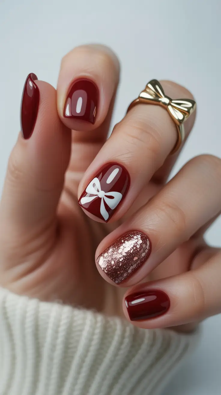 easy christmas nails 2025 Classic Burgundy with a Bow Twist