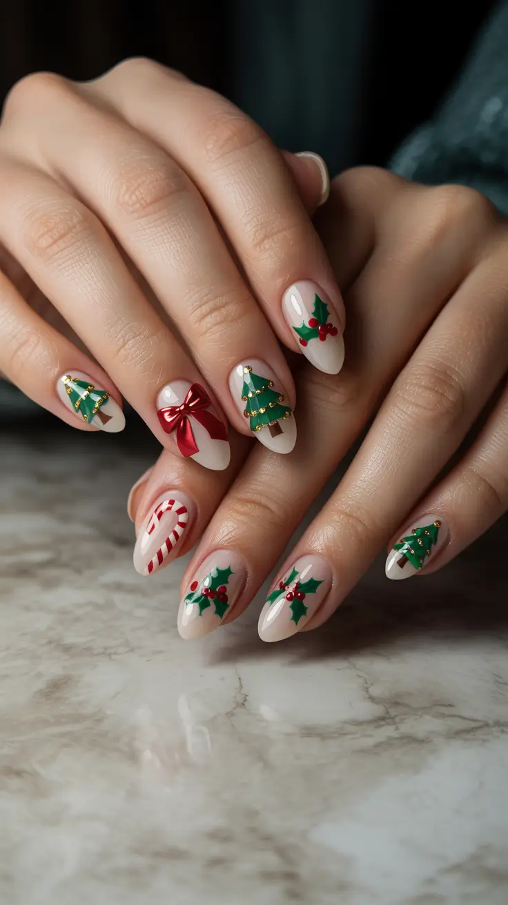easy christmas nails 2025 Festive Mix Trees Bows Holly