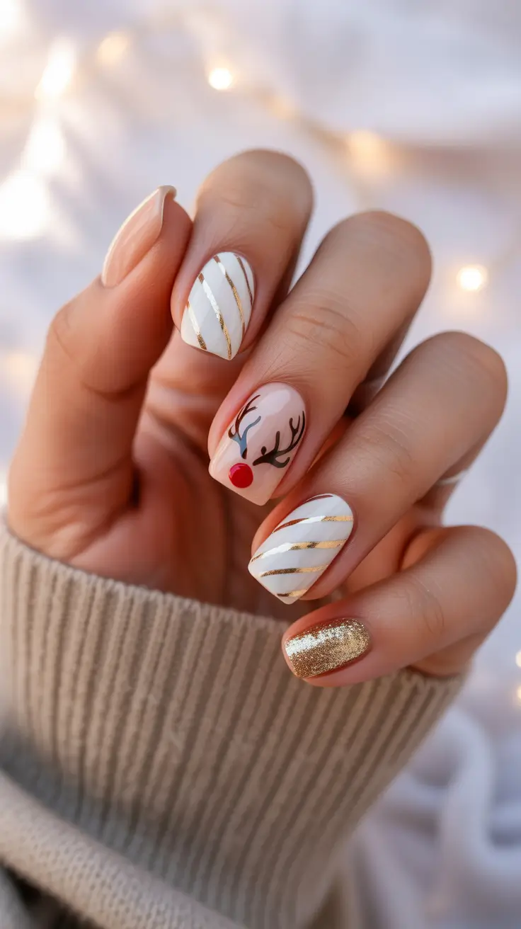 easy christmas nails 2025 Golden Rudolph Elegance