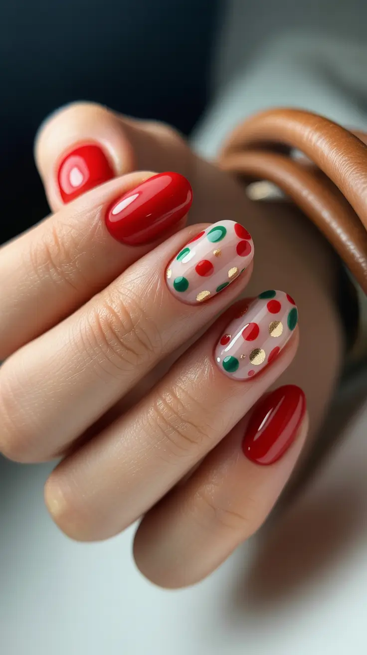 easy christmas nails 2025 Retro Holiday Polka