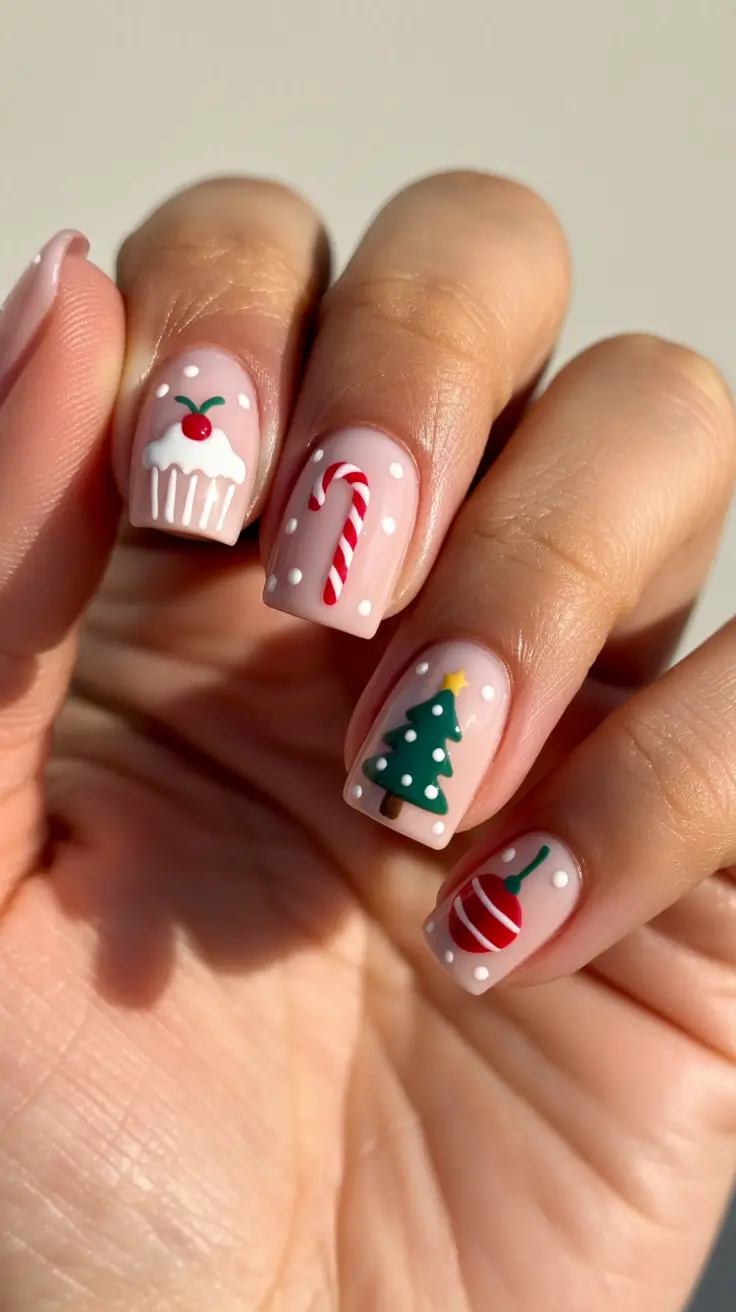 easy christmas nails 2025 Candy Cane & Cupcake Cuties