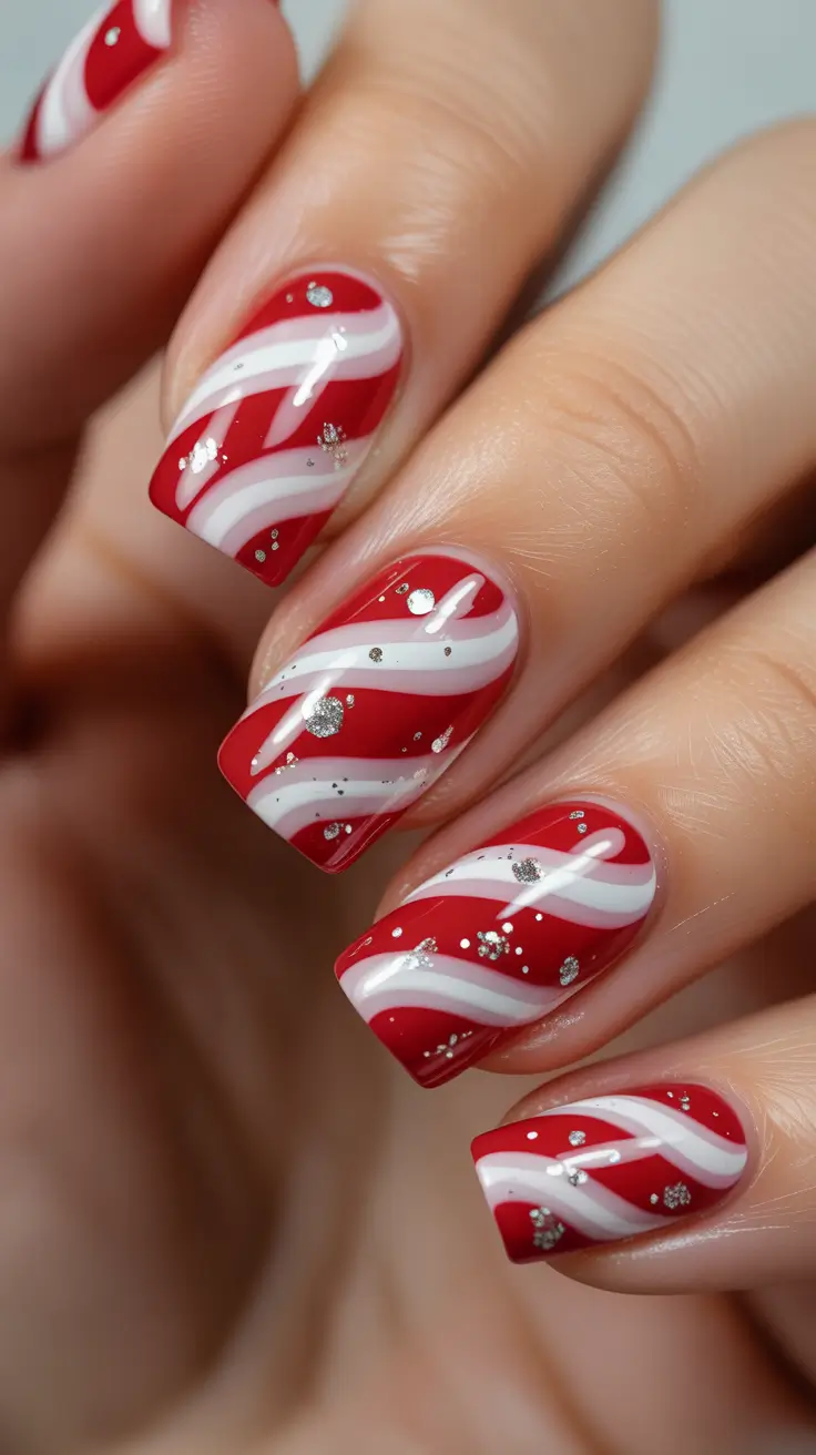 easy christmas nails 2025 Peppermint Swirl Glam