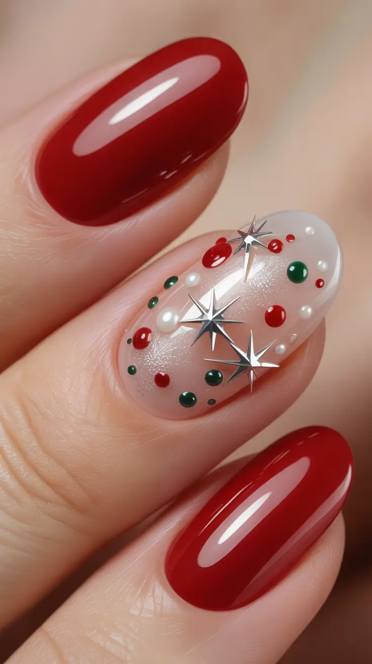 easy christmas nails 2025 Festive Spark and Pearls