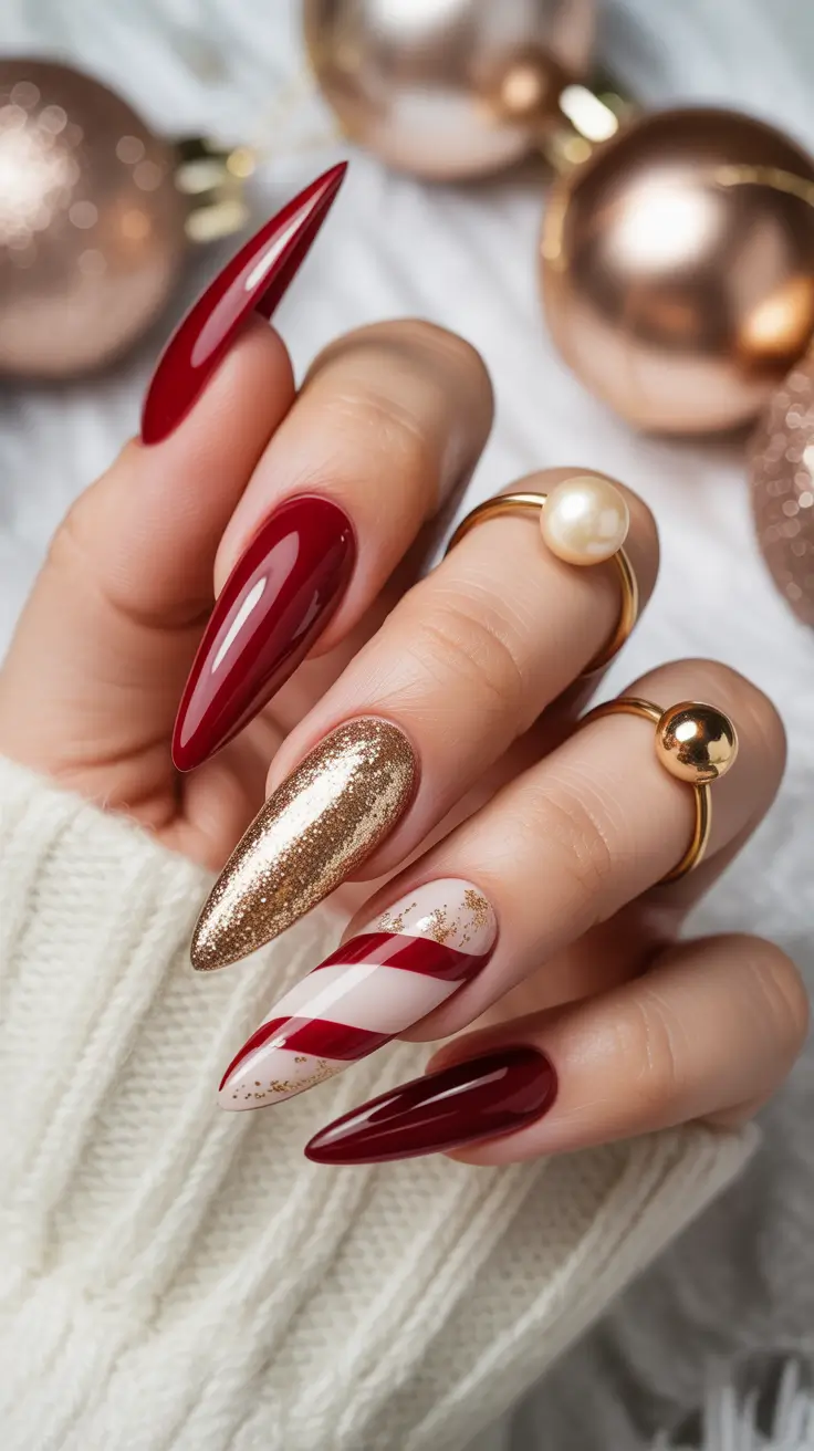 easy christmas nails 2025 Golden Candy Cane Luxe