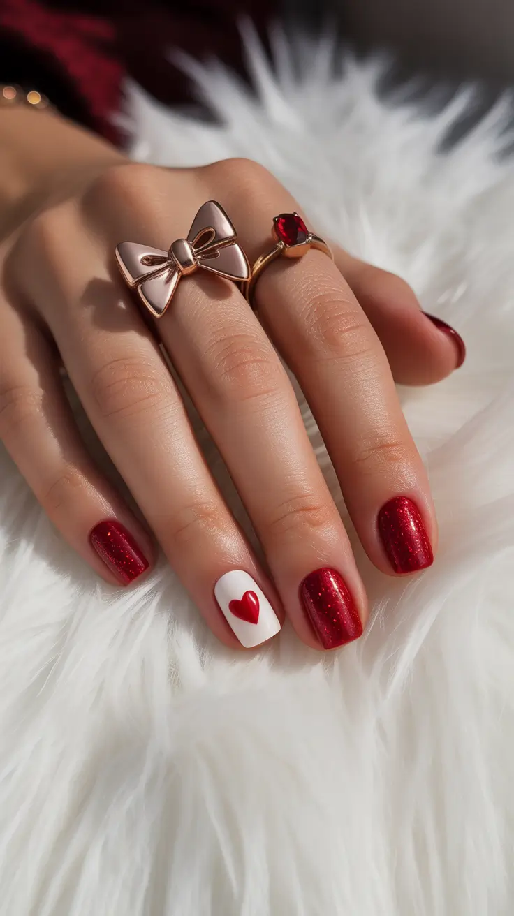 easy christmas nails 2025 Red Heart Accent with Festive Flair