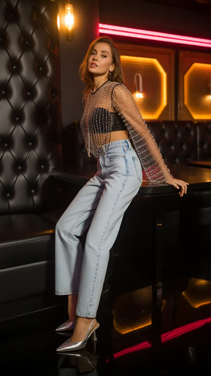 going out outfits 2026 Metallic Edge & Denim Ease