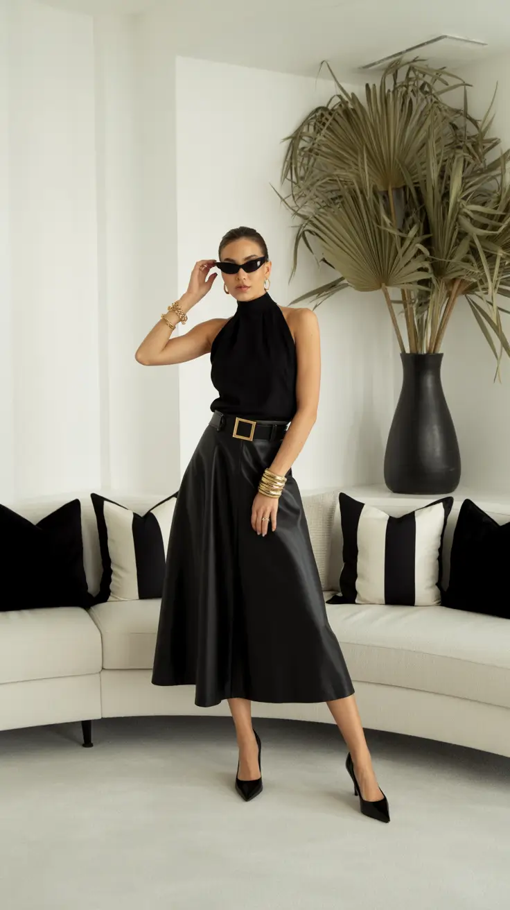 going out outfits 2026 Black Leather & Bold Gold