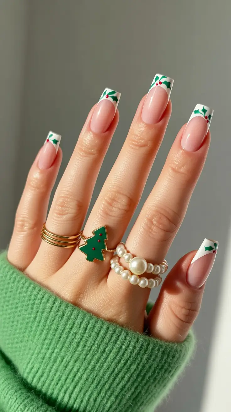 Elegant Gel Nail for Christmas 2025 Evergreen Elegance The Subtle Charm of Holly-Tipped French Nails