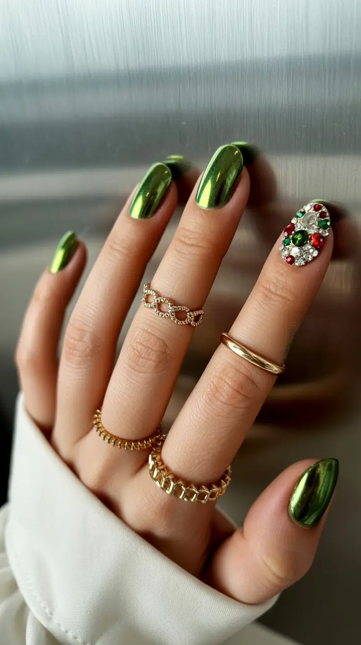 Elegant Gel Nail for Christmas 2025 Jewel Green Glamour Mirror Shine Meets Holiday Luxe