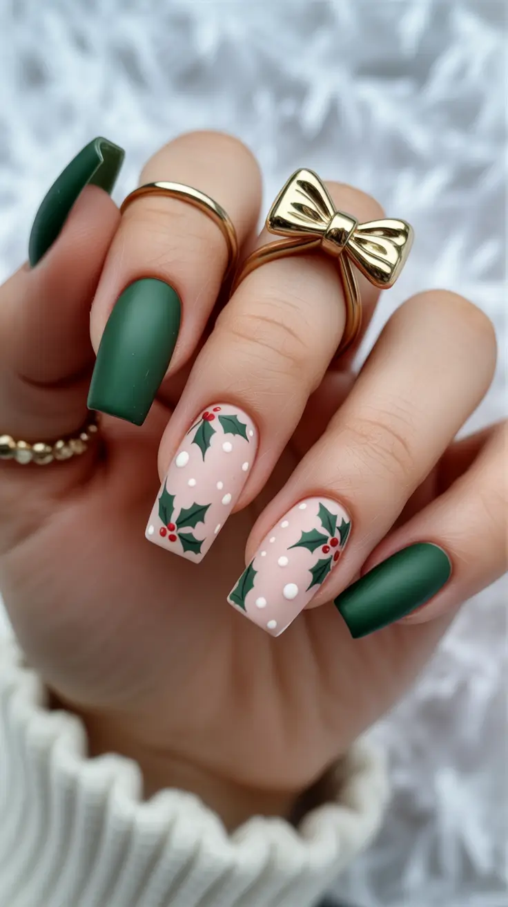 Elegant Gel Nail for Christmas 2025 Holly Dreams Matte Green Meets Festive Charm