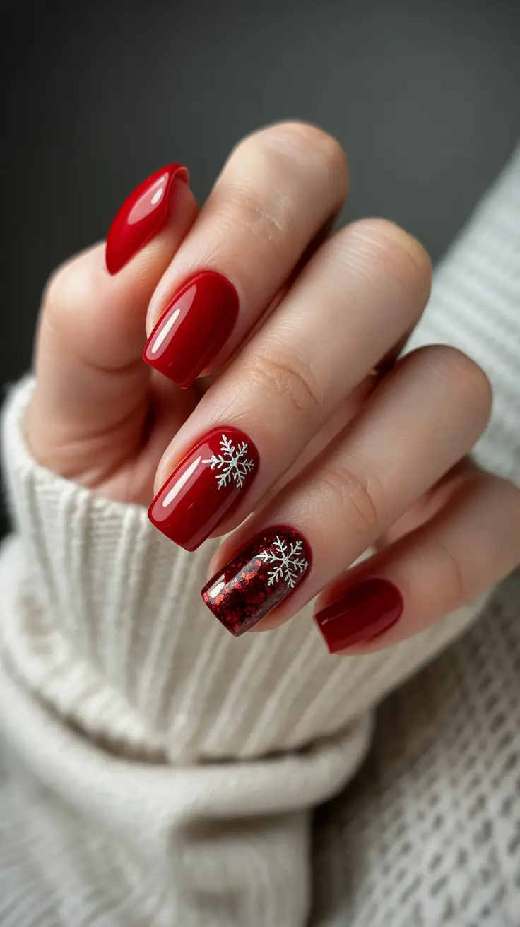 Elegant Gel Nail for Christmas 2025 Crimson Snow Classic Red with Frosted Accents