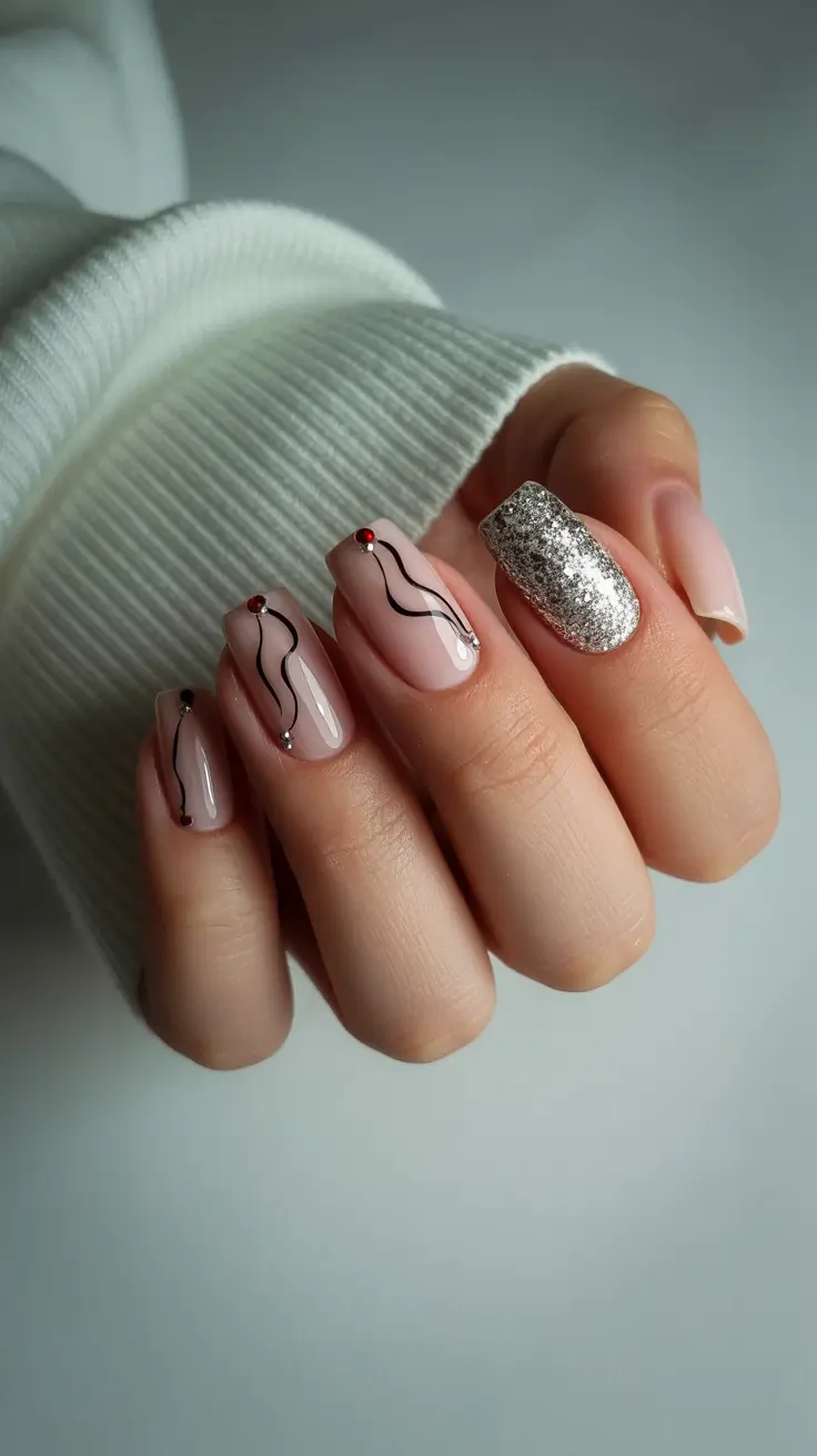 Elegant Gel Nail for Christmas 2025 Silver Lining Glitter and Minimal Art in Harmony