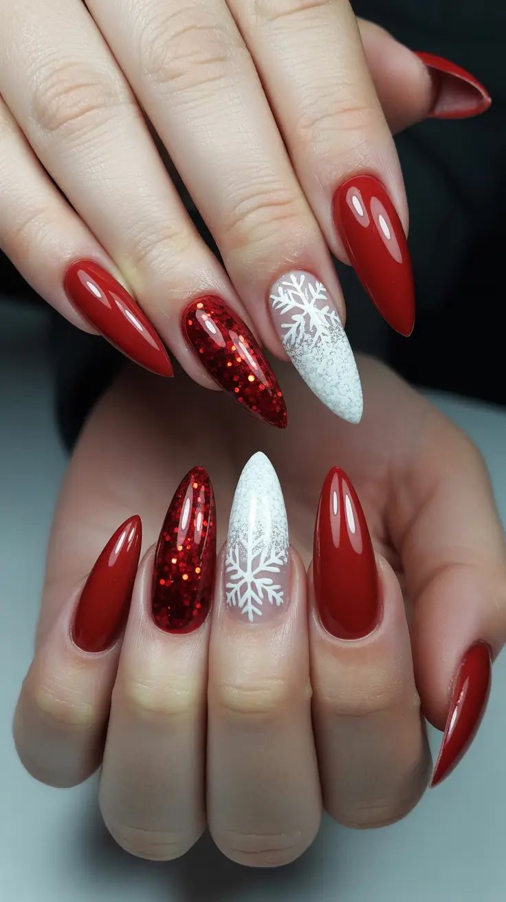 Elegant Gel Nail for Christmas 2025 Scarlet Flurries Red Glitter and Snowflake Perfection