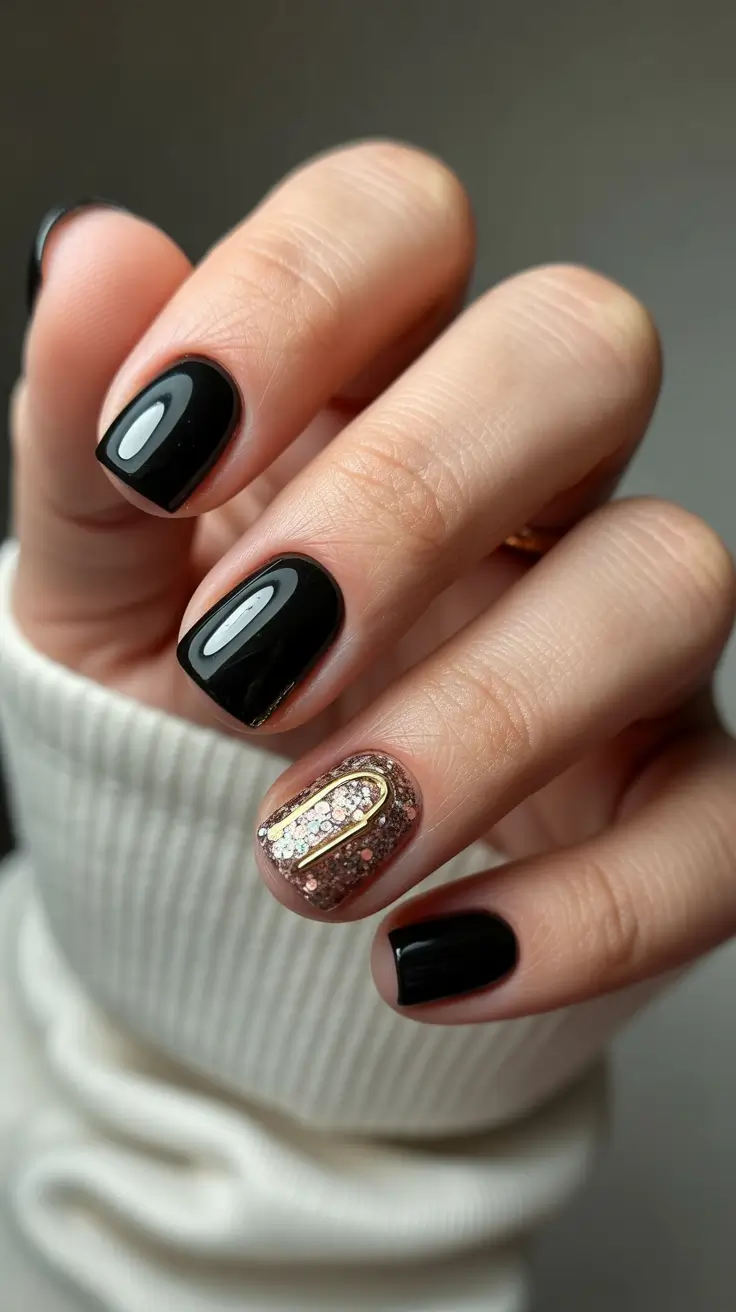 christmas gel nails 2025 Midnight Chic with a Touch of Gold