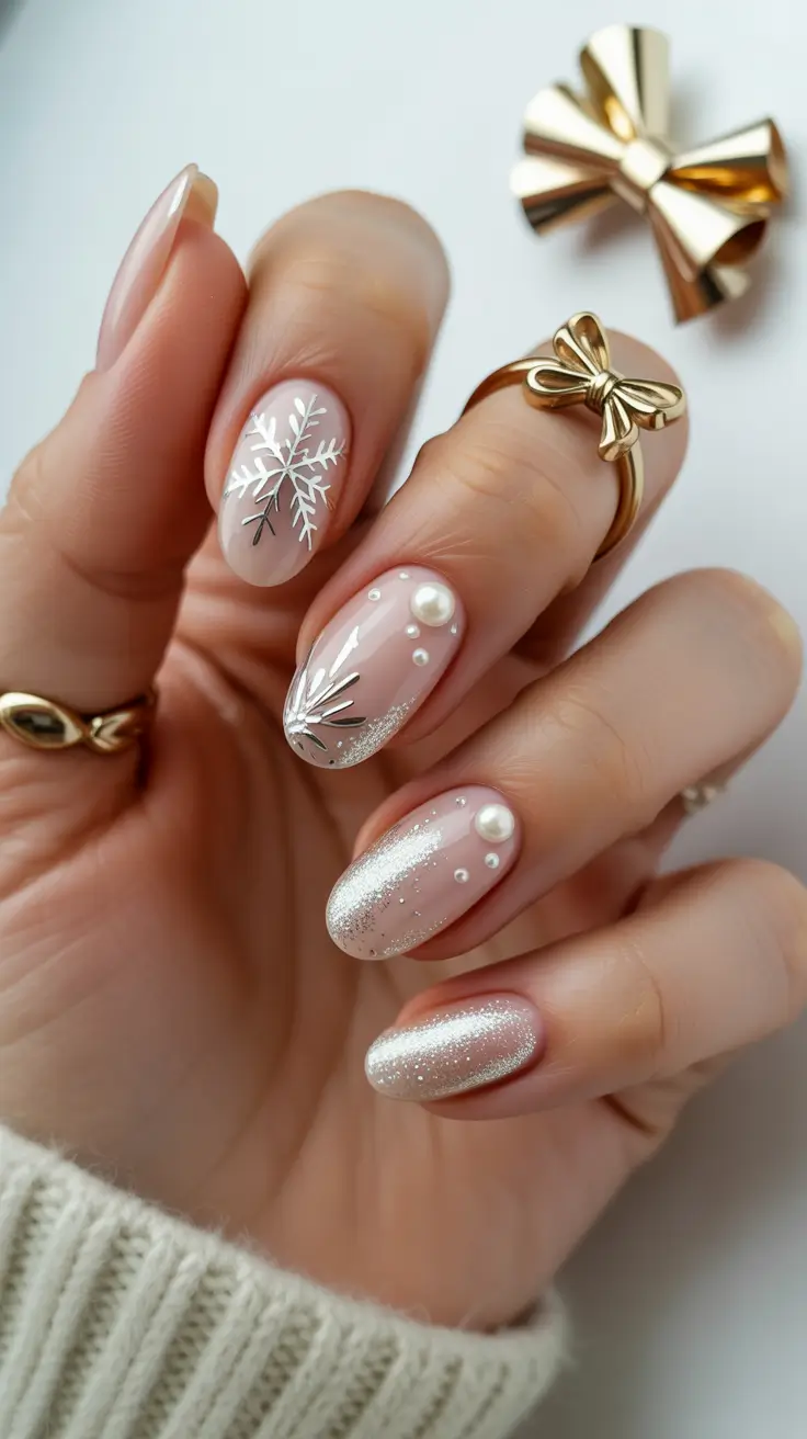 christmas gel nails 2025 Snowflake Elegance in Soft Pearl