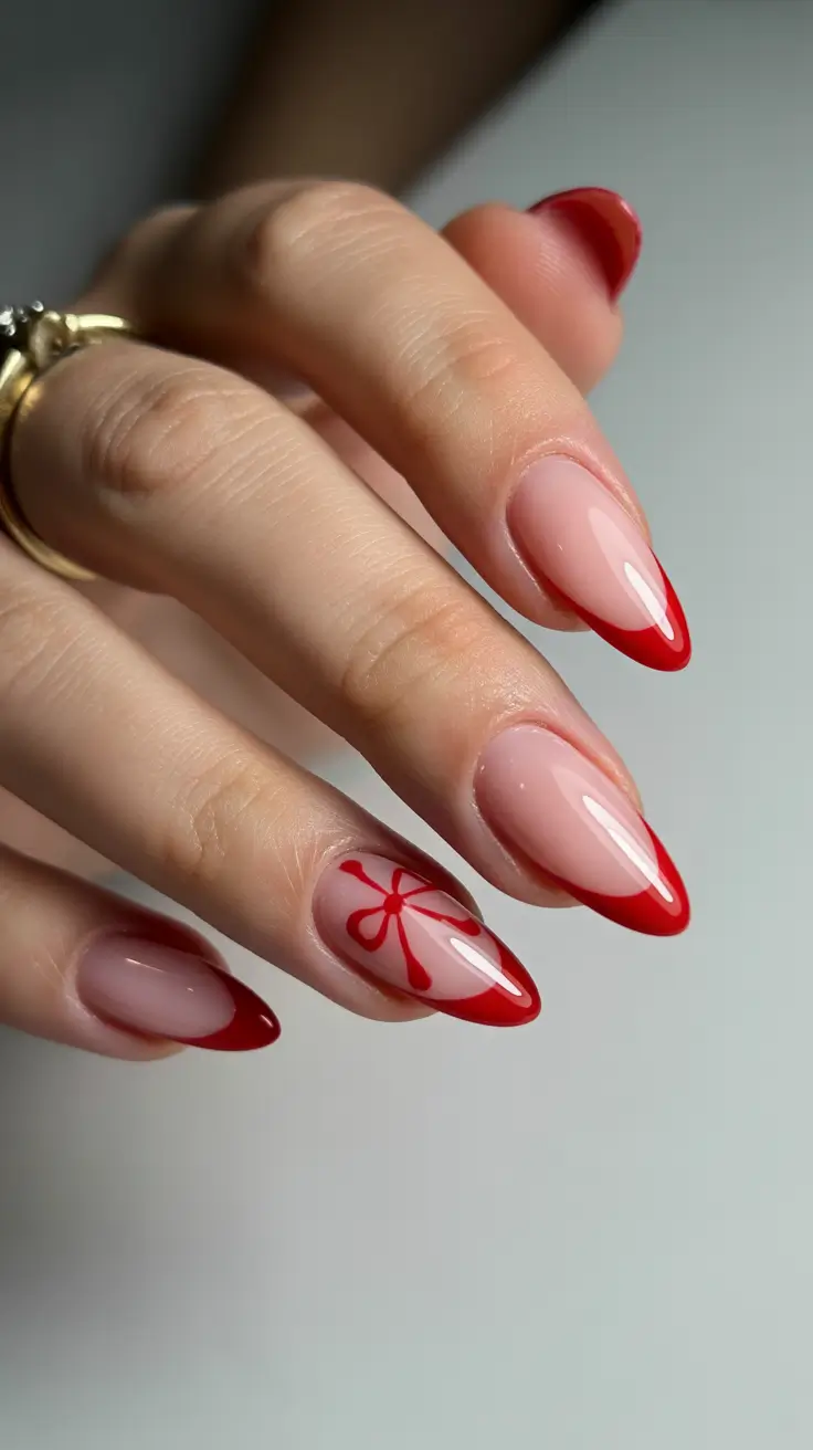 christmas gel nails 2025 Crimson French with a Festive Bow