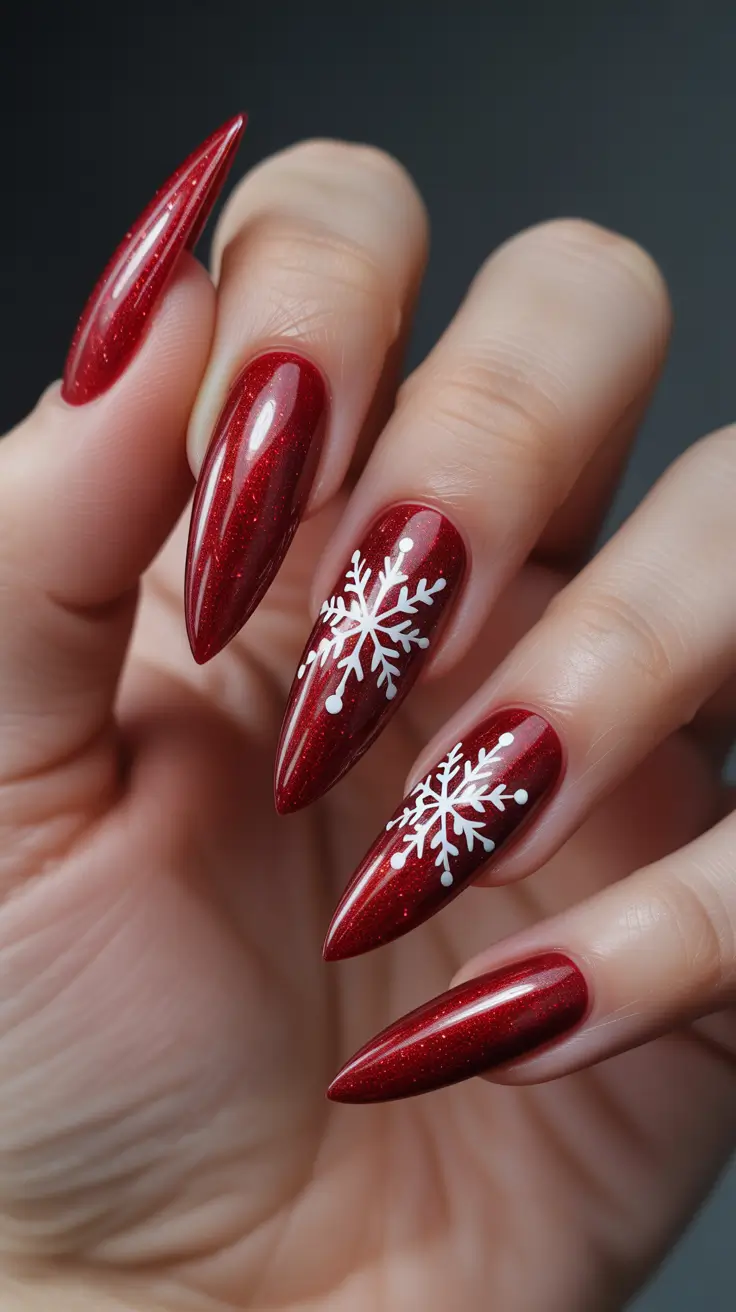 christmas gel nails 2025 Ruby Sparkle and Snowflake Charm