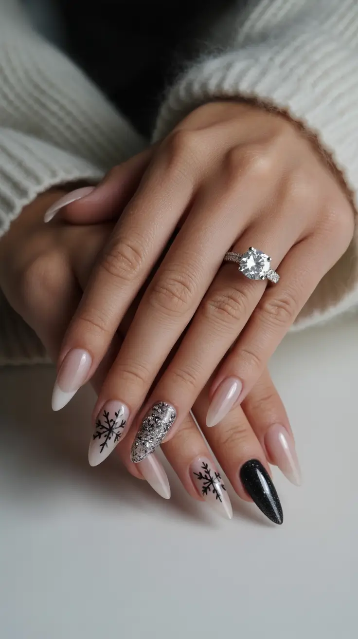 christmas gel nails 2025 Frosted Glamour in Monochrome