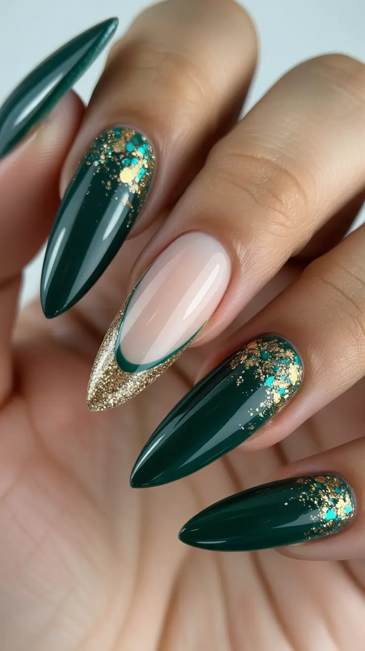 Elegant Gel Nail for Christmas 2025 Emerald Nights Glamorous Green with Golden Accents