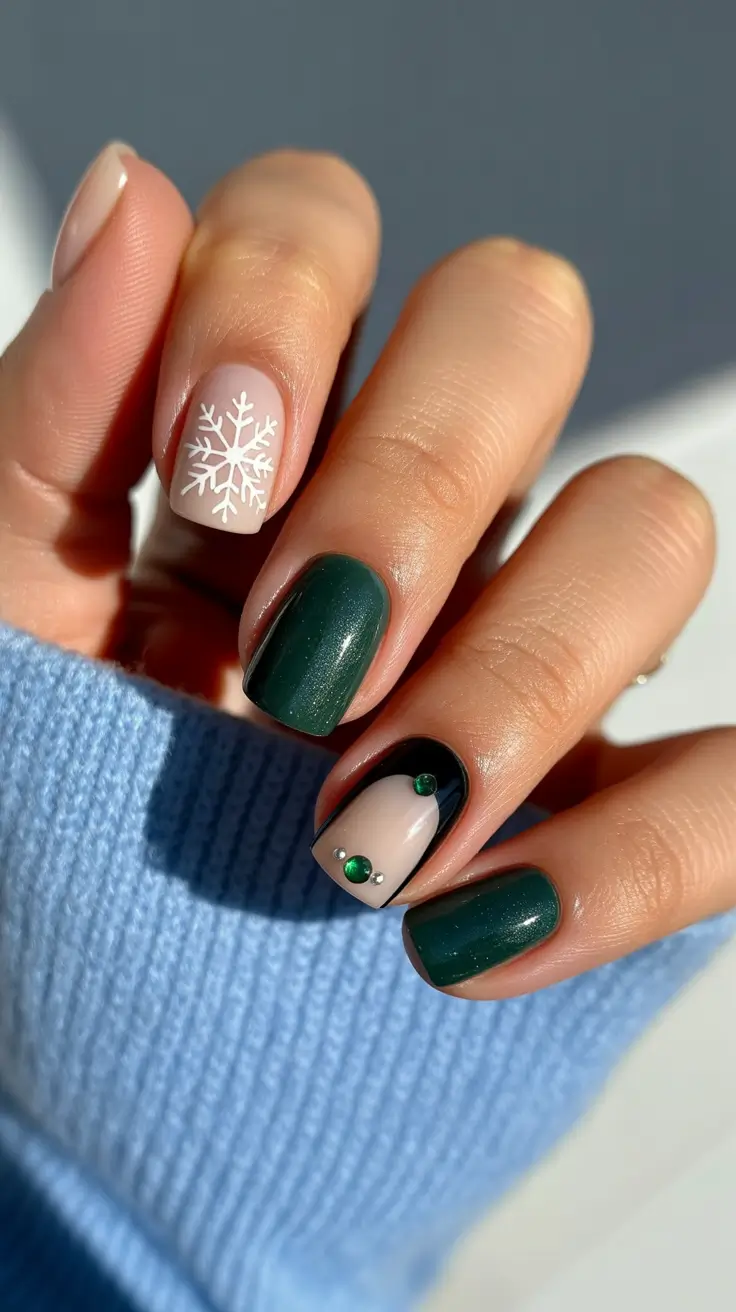 Elegant Gel Nail for Christmas 2025 Emerald Frost Snowflakes and Shimmer in Deep Green