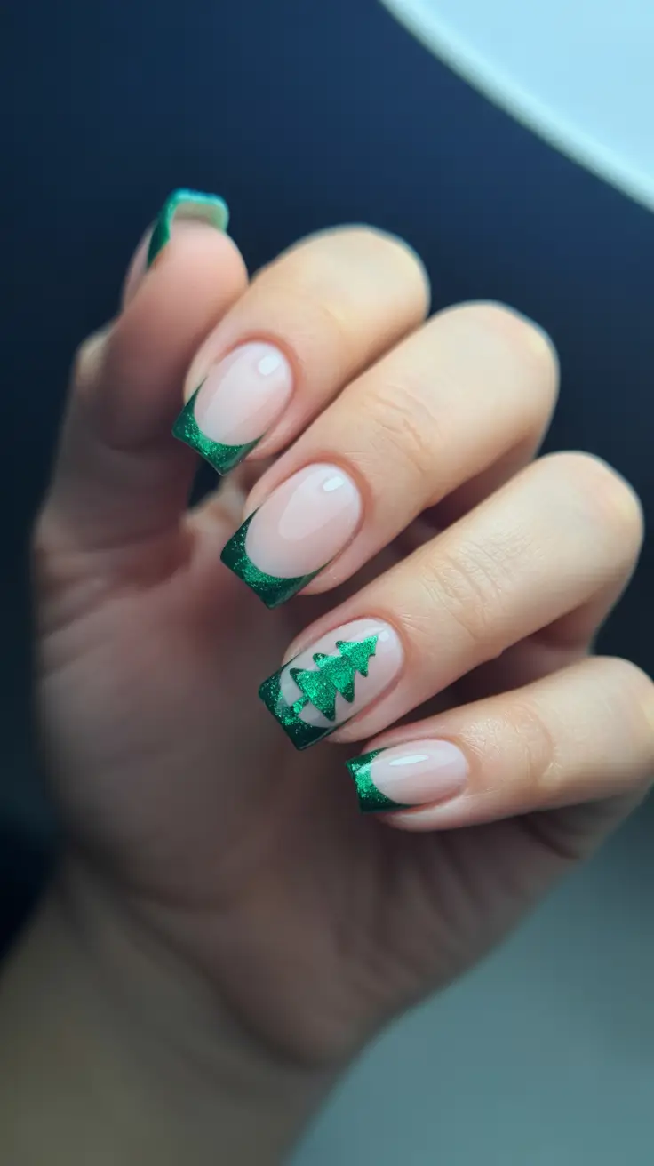 Elegant Gel Nail for Christmas 2025 Evergreen French A Sparkly Twist on a Classic