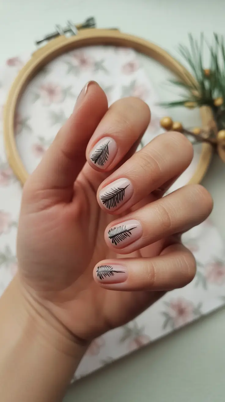 Elegant Gel Nail for Christmas 2025 Whispered Pines Minimalist Branch Art on Bare Nails
