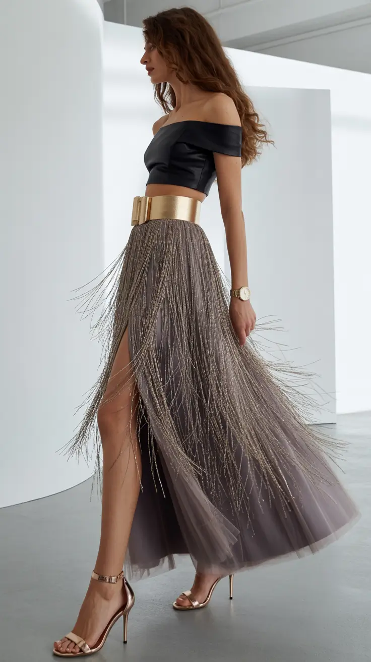 Elegant skirt outfits 2026 Metallic Grace in Motion