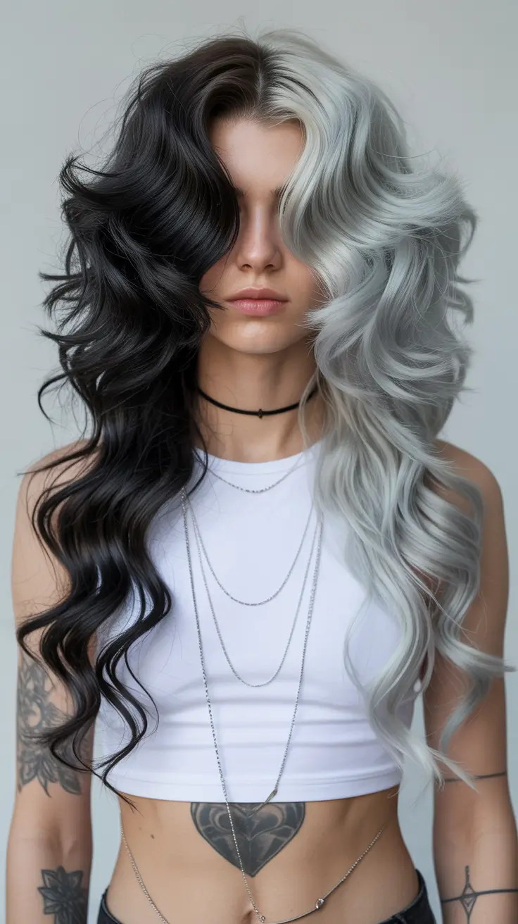 hair color 2026 Two Toned Drama With Monochrome Waves