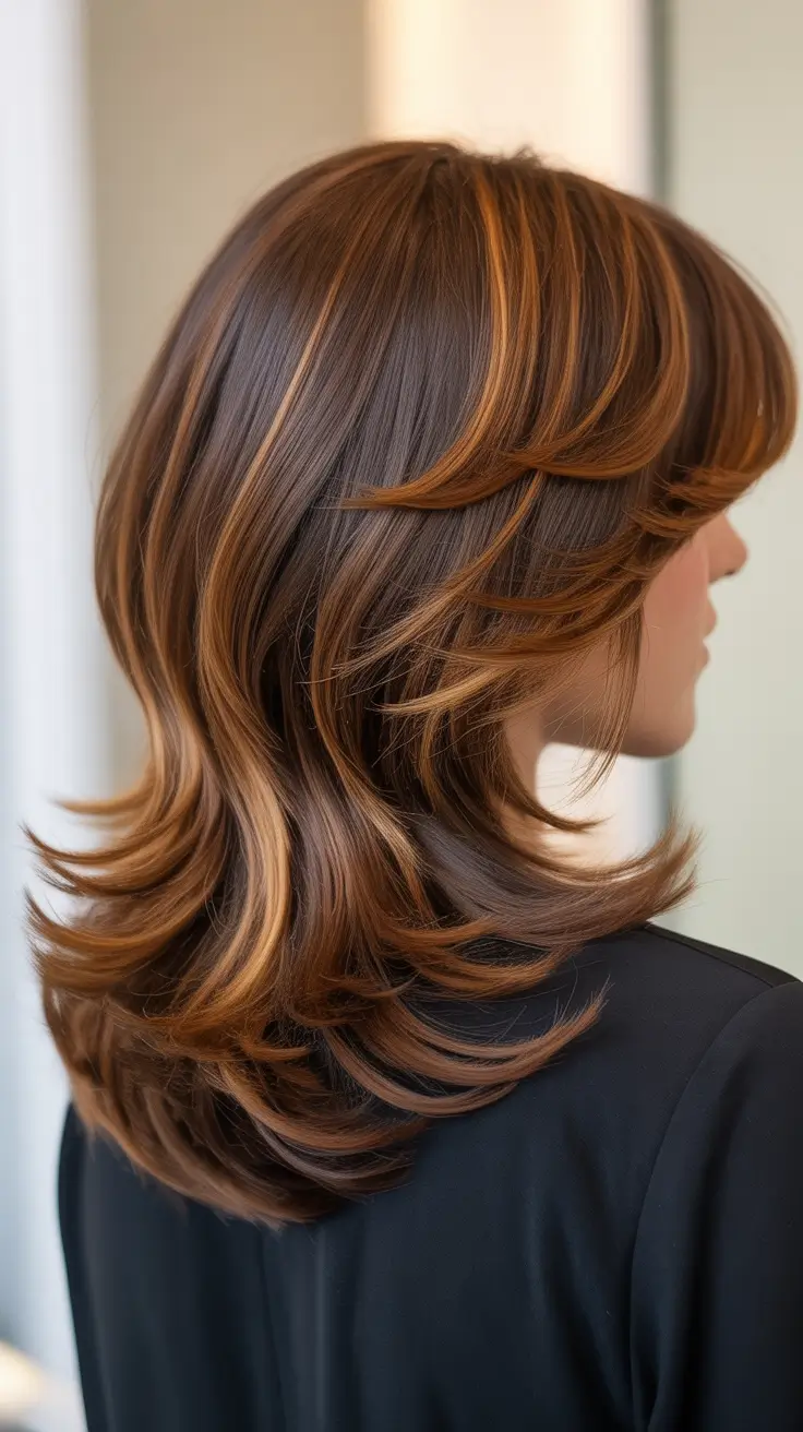 hair color 2026 Feathered Layers With Caramel Accents