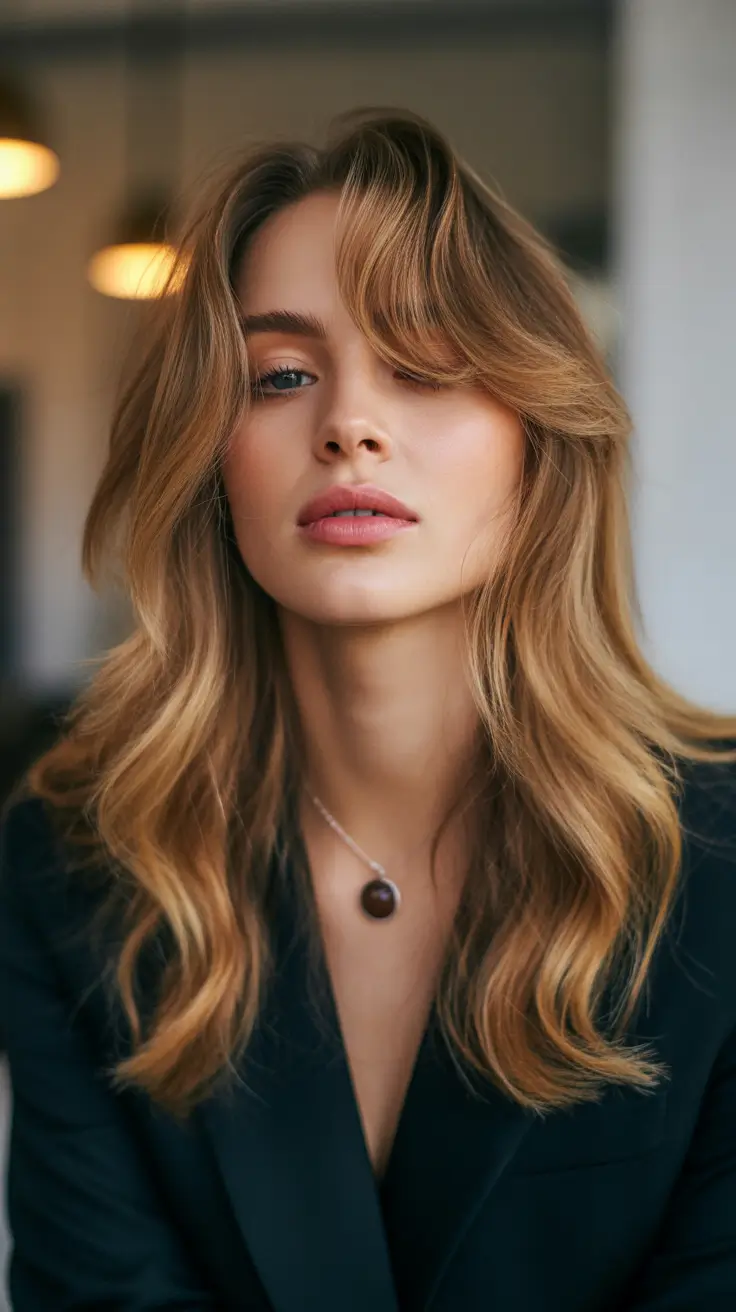 haircuts for long hair 2026 Golden Layers with Soft Curtain Bangs