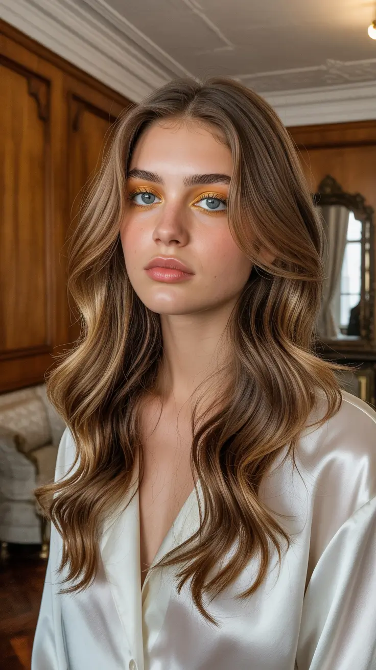 haircuts for long hair 2026 Golden Honey Waves with Curtain Bangs